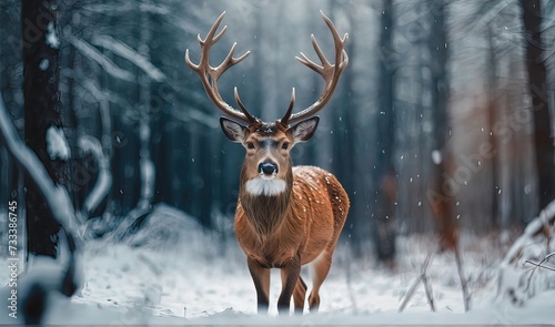 Beautiful deer in winter standing in the forest