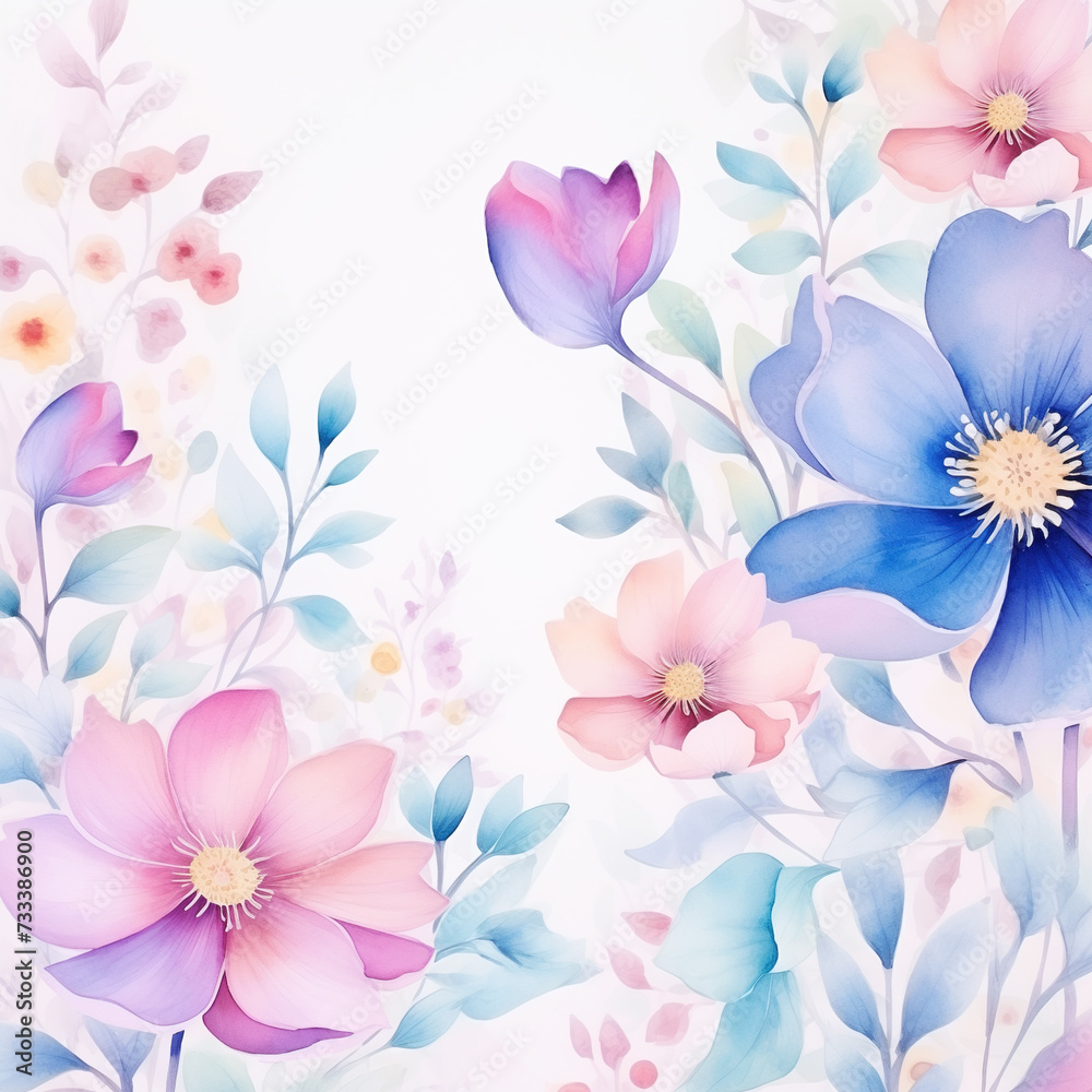 Obraz premium A pattern of multi-colored flowers on a white background in a watercolor style in pastel colors. AI generated.