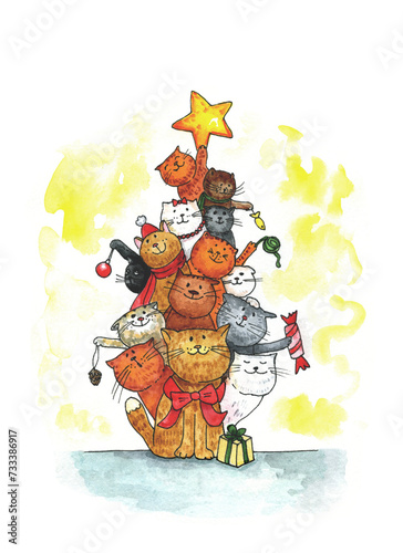Festive happy cat Christmas tree silhouette. Funny greeting card for pet lovers. Colourful watercolor hand-drawn illustration for invitation. Stack of cartoon cats celebrating xmas, new year holiday,