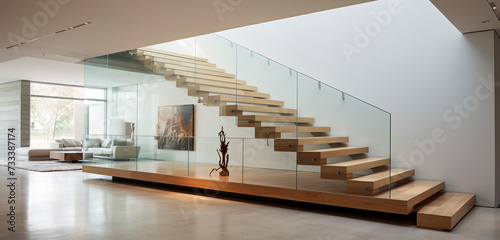 An ultra-modern staircase with cantilevered wooden steps and a minimalist railing, set in a high-tech home.