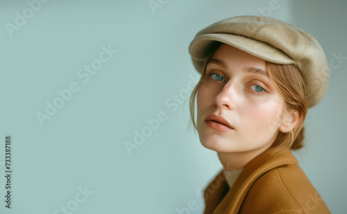 Poortrait of a blonde woman with green eyes wearing beige hat and brown jacket on a solid blue background. Copy space for text, advertising. Concept of casual clothes, fashion photo