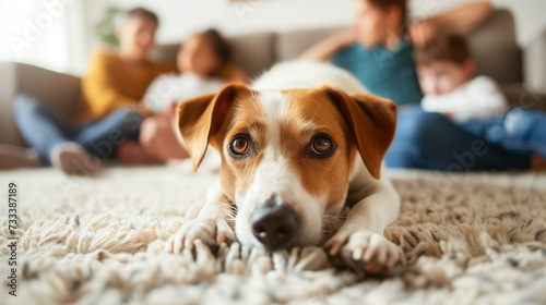 cute dog laying on the carpet with family in the background on the sofa at home. 