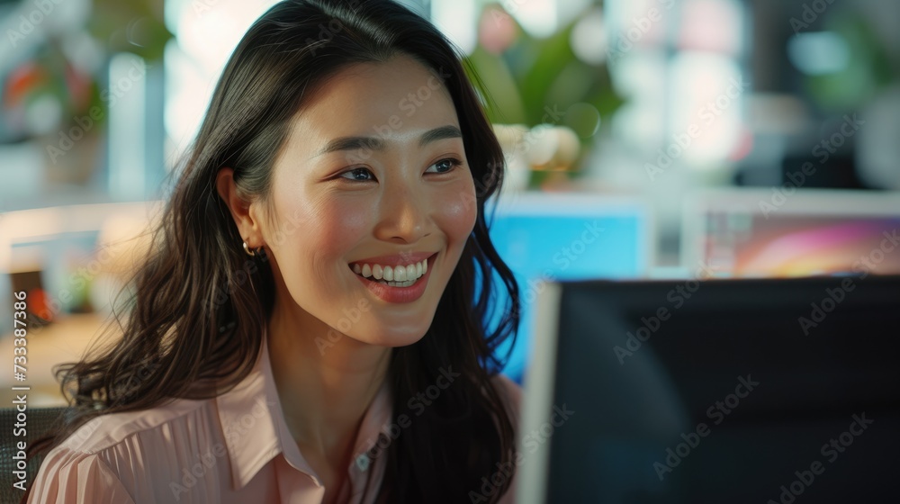 Portrait of Asian businesswoman with a gentle smile in a professional office setting Generative AI