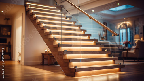 An upscale wooden staircase with glass sides  LED lighting underneath the handrails adding a chic touch in a modern  airy home.