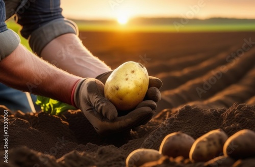 People's hands tending to harvest potatoes. A farmer holding a bunch of potato seed in his hands.