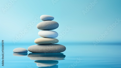 Zen Stone Stack on a Serene Blue Gradient Background. Balance and Harmony Concept. Stones symbolising peace and calm energy.