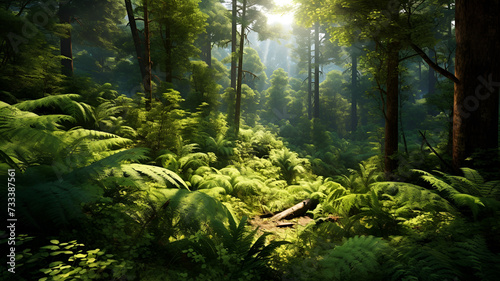 "Tranquil Paradise: Captivating Forest Landscape with Lush Foliage and Sunlit Canopy"
