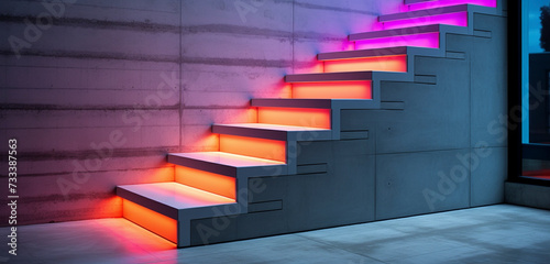 An urban concrete staircase with polished steps and dynamic under-step lighting in bold colors.