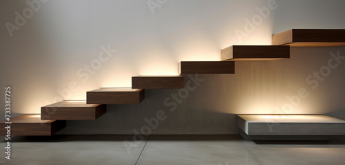Cantilevered concrete steps with wooden tops, each featuring a discreet light underneath in a contemporary space.
