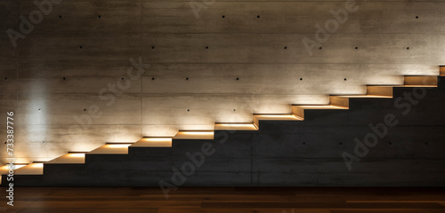 Cantilevered wooden steps emerging from a concrete wall, each with a sleek, under-step LED light.