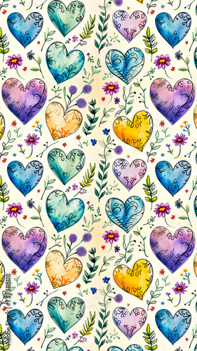 Watercolor Hearts and Flowers Pattern on White Background