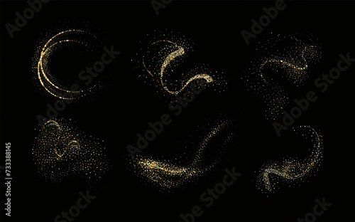 Glittering stars with golden shimmering swirls, shiny glitter design. Magical motion, sparkling lines on a black background.