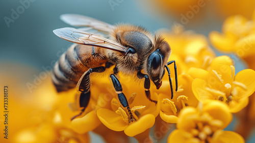 Bee and flower. Close up of a large striped bee collects honey on a yellow flower on a Sunny bright day. Macro horizontal photography. Summer and spring backgrounds © Muhammad