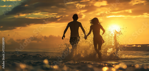 Silhouette of couple having fun in summer beach by running through sea or ocean waves and water splashing during sunset with copy space