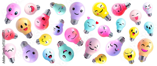 The image depicts an array of cartoon-style light bulbs against a transparent background. Each light bulb has a different color and a unique face, with expressions ranging from happy and smiling to sa
