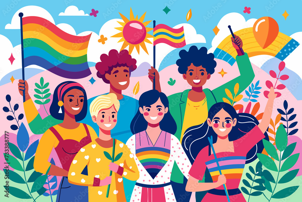 Vibrant pop art illustration, banner, texture, or background celebrating Pride Day and the diverse LGBTQ+ community, to symbolize unity, creativity, and inclusion, Generative AI