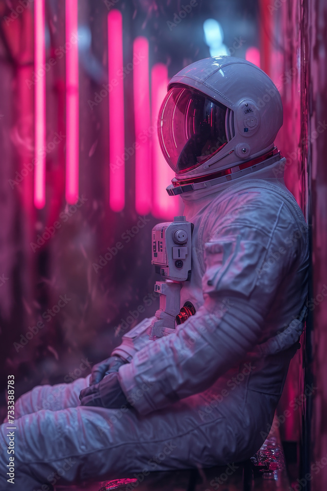 an astronaut in a white spacesuit and helmet, sitting on the floor in a red neon light