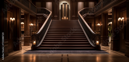 Wide, dark wooden steps in a grand entrance hall, each with luxurious under-stair lighting for an opulent effect. generated using AI