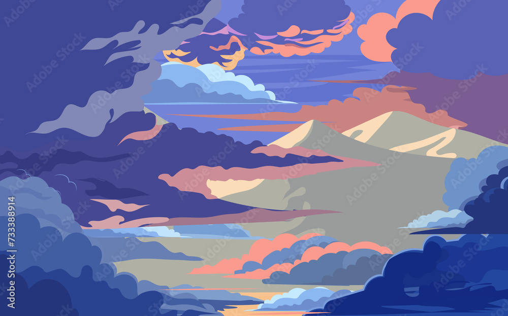 Cartoon dawn sky with pink and blue fluffy clouds. Beautiful cloudy landscape at sunset.
Cartoon dawn sky with pink and blue fluffy clouds. Beautiful cloudy landscape at sunset.