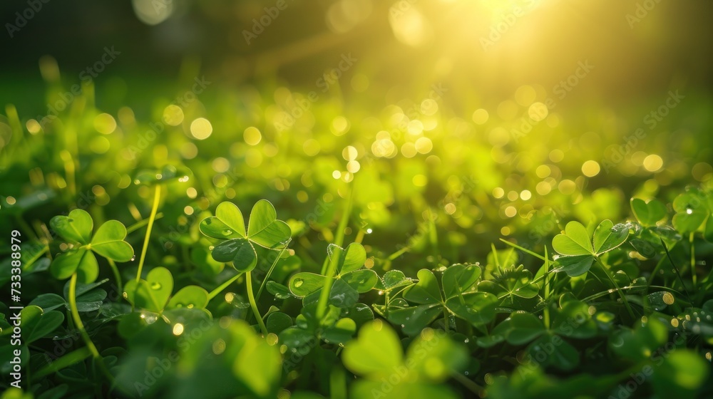  a close up of a field of grass with the sun shining through the grass and the leaves of the plants in the foreground are covered with drops of dew.