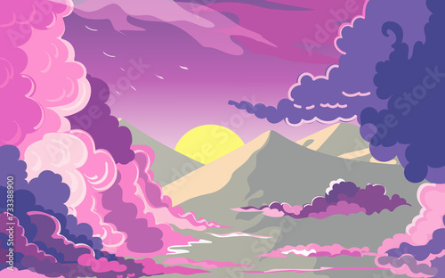  Cartoon dawn sky with pink and blue fluffy clouds. Beautiful cloudy landscape at sunset.