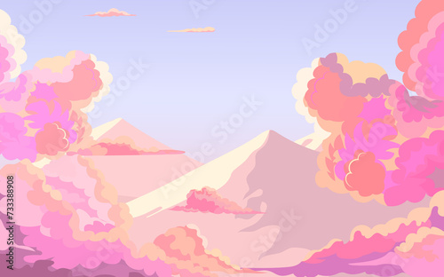  Cartoon dawn sky with pink and blue fluffy clouds. Beautiful cloudy landscape at sunset. © gala