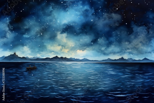 watercolor of sea at night 