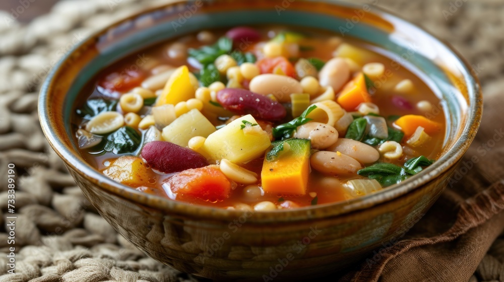 a close up of a bowl of soup with beans and spinach on a table with a cloth on the side of the bowl and a cloth on the floor. a close up of a bowl of soup with beans and spinach on a table with a cloth on the side of the bowl and a cloth on the floor.