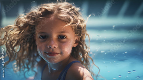girl child swimmer in the swimming pool close up