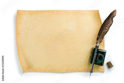 Принти на полотні Old paper sheet with quill pen and ink bottle isolated on white background