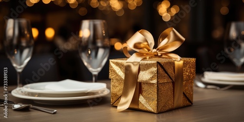 gold box with a ribbon on the table in a restaurant, a gift for Valentine's Day. Generative AI