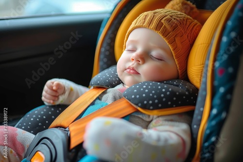 A peaceful toddler slumbers in their car seat, cradled by soft blankets and surrounded by the familiar comforts of transport