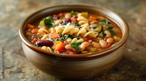  a close up of a bowl of food with pasta, beans, spinach, and broccoli in a broccoli and white bean soup with a garnish.