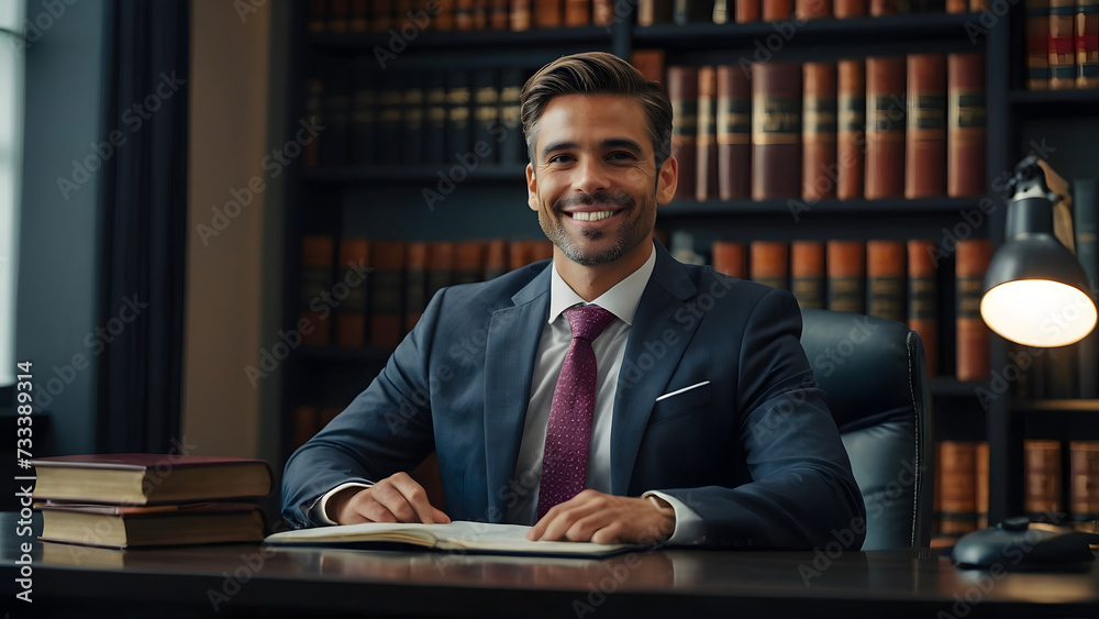 Confident businessman at desk, surrounded by books and technology, epitomizing modern workplace efficiency and dedication to continuous learning and growth. Confident businessman at desk, surrounded by books and technology, epitomizing modern workplace efficiency and dedication to continuous learning and growth.
