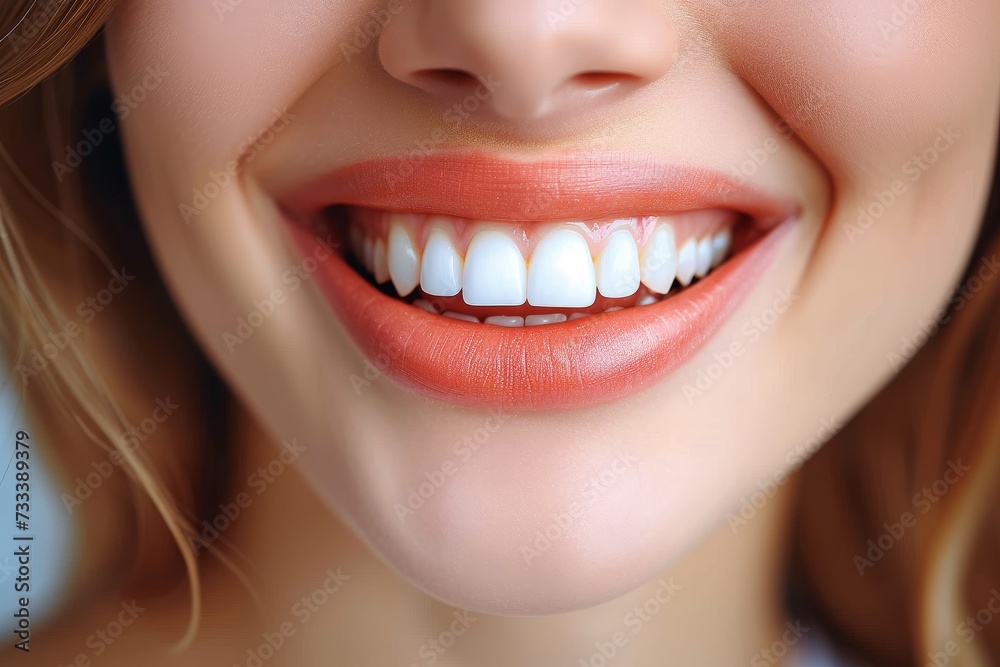A stunning close-up of a woman's radiant smile, highlighting her pearly white teeth, luscious lips, and flawless skin, with hints of eyelashes, lipstick, and a playful tongue, showcasing the beauty o A stunning close-up of a woman's radiant smile, highlighting her pearly white teeth, luscious lips, and flawless skin, with hints of eyelashes, lipstick, and a playful tongue, showcasing the beauty o