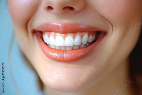 A captivating close-up of a woman s radiant smile  showcasing her pearly teeth  plump lips  flawless skin  and delicate eyelashes  evoking feelings of joy and highlighting the importance of oral hygi