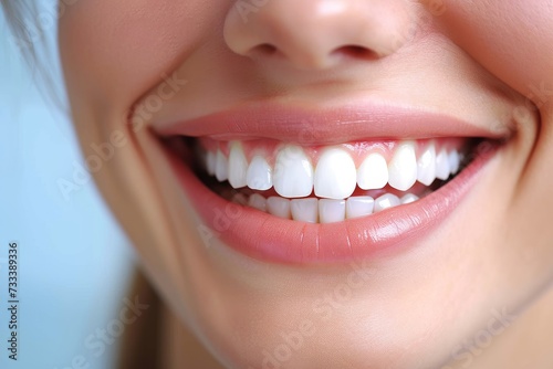 A radiant woman s close-up smile reveals a flawless set of teeth  accentuated by her smooth lips and glowing skin  exuding confidence and proper oral hygiene