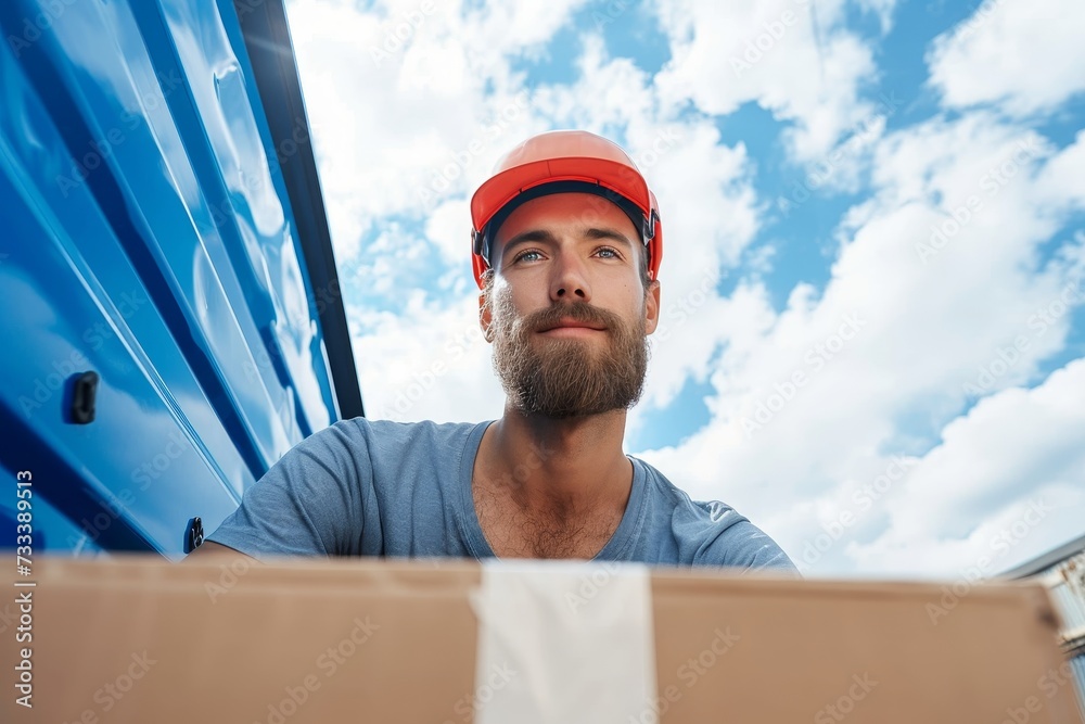 A determined man gazes up at the vast sky, his hard hat and rugged clothing a testament to his unwavering resilience against the looming clouds above A determined man gazes up at the vast sky, his hard hat and rugged clothing a testament to his unwavering resilience against the looming clouds above