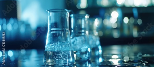 Transparent liquid on scientific glassware for chemical experiment research laboratory background. photo