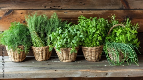  a row of baskets filled with different types of herbs on top of a wooden table in front of a wooden wall and a wooden wall behind the basket is a row of herbs.