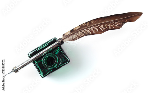 Quill pen with a glass bottle of ink isolated on white background. Feather for calligraphy, old education, vintage fonts. Top view.