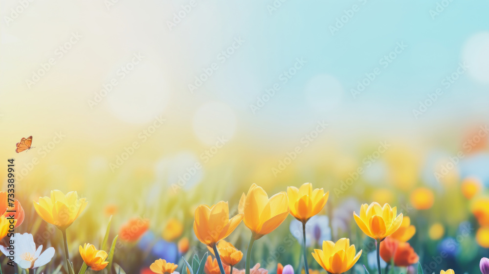 ai generative illustration of spring background with tulips in yellow and orange color and blurred background for copy space