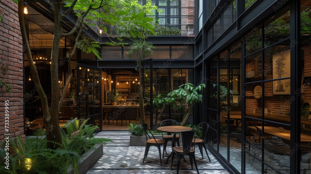  a courtyard with a table and chairs and a potted tree in the center of the courtyard is surrounded by glass walls and a brick building with lots of windows.