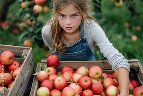 A young woman, adorned in outdoor clothing, holds a crate of vibrant red mcintosh apples - the perfect superfood for a healthy and wholesome vegan diet photo