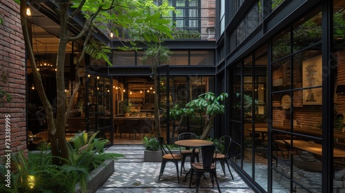  a courtyard with a table and chairs and a potted tree in the center of the courtyard is surrounded by glass walls and a brick building with lots of windows.
