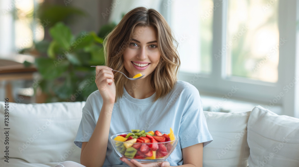 A cheerful woman sitting on a sofa, eating a fresh and colorful salad from a bowl, looking happy and healthy.