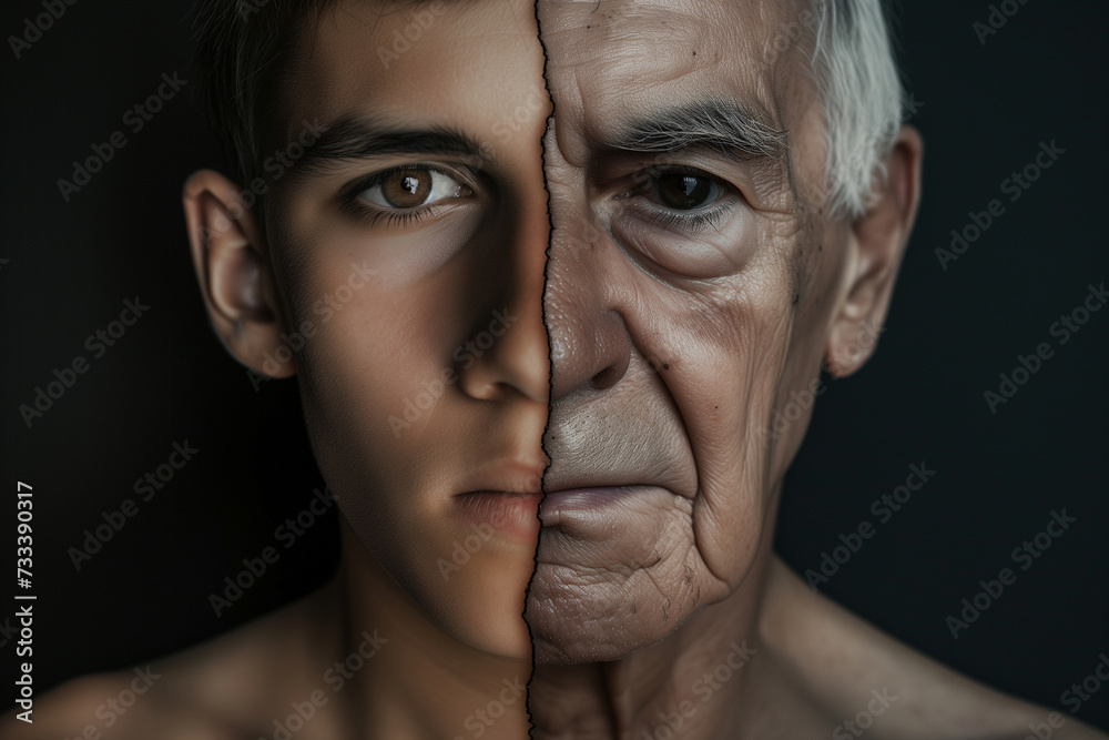 concept of aging, half face young, other half old concept of aging, half face young, other half old
