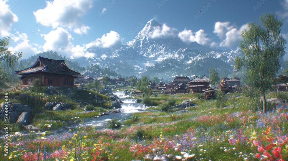  a computer generated image of a mountain village with a stream running through the center of the picture, surrounded by wildflowers and a mountain range in the background.