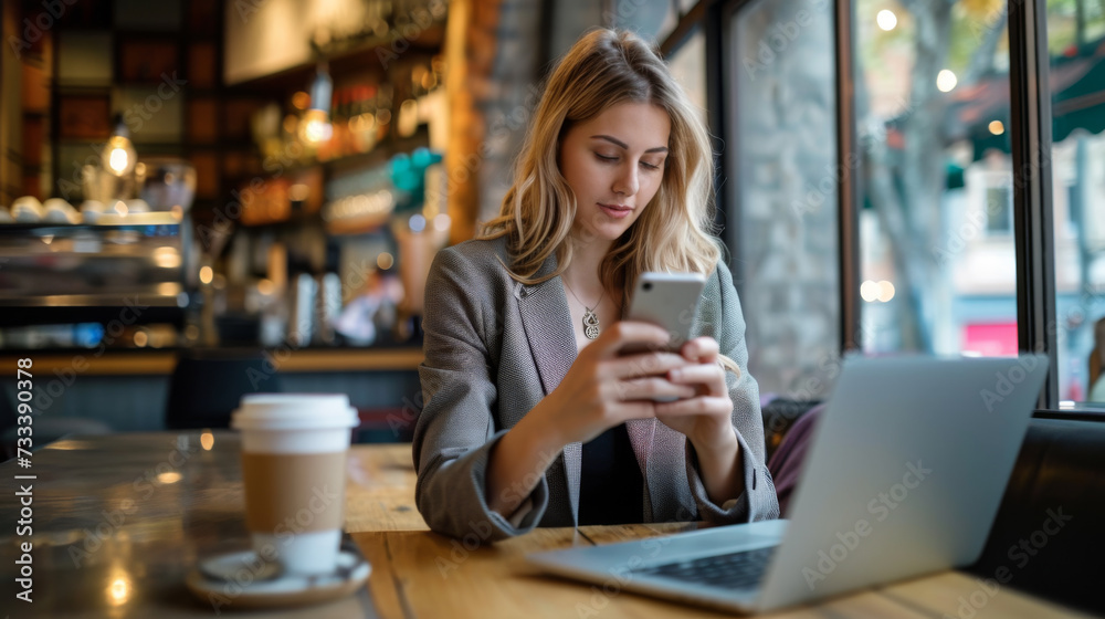 woman is looking at her smartphone with a laptop open in front of her and a cup of coffee on the table, sitting in a cafe environment woman is looking at her smartphone with a laptop open in front of her and a cup of coffee on the table, sitting in a cafe environment