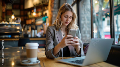 woman is looking at her smartphone with a laptop open in front of her and a cup of coffee on the table, sitting in a cafe environment